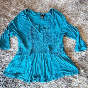 Rue21 Teal Blue Flowy Peplum Blouse 3/4 Sleeve Ties Size Small
